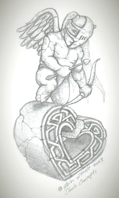 Armor-wearing Cupid on a Celtic Heart